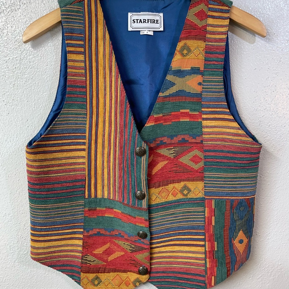 Starfire Tapestry Vest Textured Southwestern Woven Button Sz 8 USA Boho Western
